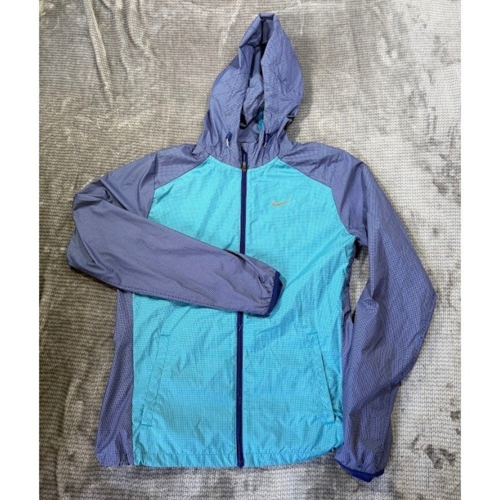 Nike Womens Running Windbreaker Jacket Blue Ripstop Hooded Full Zip M